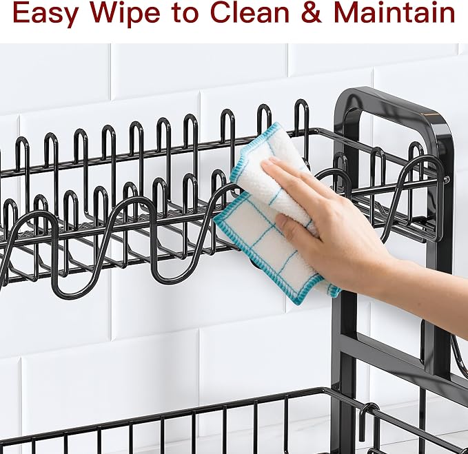 BOOSINY 2 Tier Black Dish Drainer Drying Rack and Drainboard Set, Large Stainless Steel Dish Dryer for Kitchen Counter Space Saving, Big Rustproof Metal Plate Strainer with Utensil Holder & Cup Holder