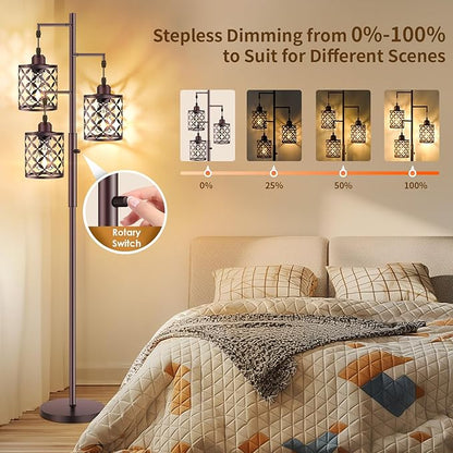 【Upgraded】72" Tall Dimmable Floor Lamp, Farmhouse Standing Lamp with Elegant Metal Cages, Industrial Tree Floor Lamps for Living Room, Bedroom, Study Room, Office (3 x 800LM LED Bulbs Included) -Brown