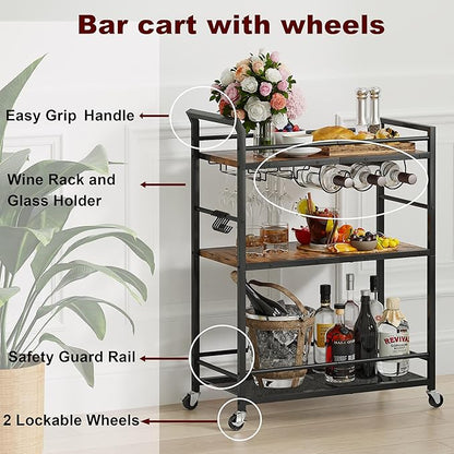 3 Tier Bar Cart, Small Beverage Cart, Mini Bar Cart with Wine Rack, Home Bar Serving Cart with Wheels for Kitchen Dining Living Room (Rustic Brown, General)