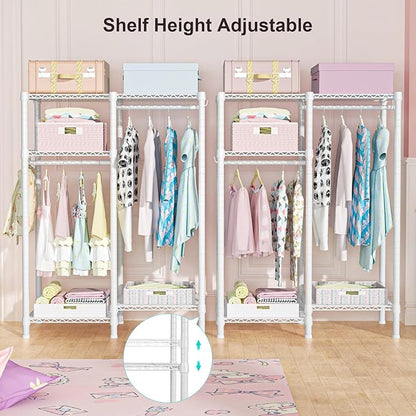Ulif F1 Garment Rack for Kids, Baby, Students, and Children's Room, 4 Tiers Freestanding and Portable Heavy Duty Closets, Small Metal Clothes Rack with 2 Hanging Rod, 31.2" W x 11.8" D x 48" H, White