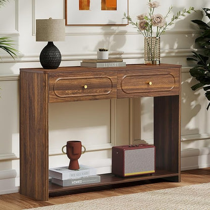 ORRD Fluted Console Table with Drawers, Mid-Century Narrow Entryway Table with Open Storage Shelves, Hallway Accent Tables Behind Couch Tables for Living Room (Walnut)