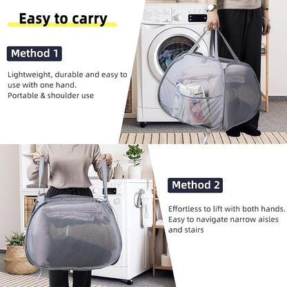 Collapsible Laundry Basket, 90L Foldable Pop Up Laundry Hamper with Handles, Mesh Dirty Clothes Hamper for Laundry, Bathroom, Kids Room, Dorm,Travel or Camping (Gray, 2PCS)