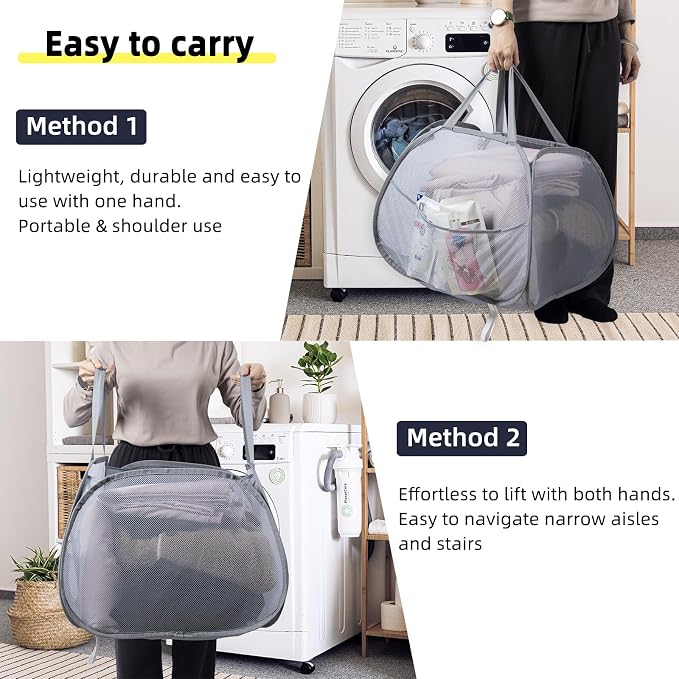 Collapsible Laundry Basket, 90L Foldable Pop-up Laundry Hamper with Handles, Mesh Dirty Clothes Hamper for Laundry, Bathroom, Kids Room, Dorm,Travel or Camping (White, 2PCS)
