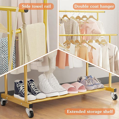 Calmootey Double Rod Clothing Garment Rack,Rolling Hanging Clothes Rack,Portable Clothes Organizer for Bedroom,Living Room,Clothing Store,Gold