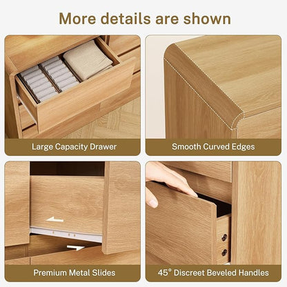 TEENFON 9 Drawer Dresser for Bedroom, 63" Wide Dressers & Chest of Drawers with Curved Profile Design, Wood Closet Storage Dressers Organizer for Bedroom, Living Room, Natural