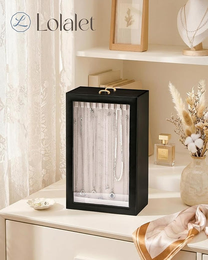 Lolalet Upgraded Double-Sided Hanging Necklace Organizer Box, Jewelry Display Case with Double-Sided Clear Window for Necklaces Bracelets, Tangle-Free Necklace Storage Box, Black, 2-Layer 40 Hooks