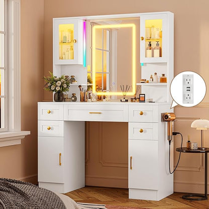 KAMABOKO White Makeup Vanity Desk with Mirror and Lights, Large Vanity Table Set with Charging Station, Dressing Table with RGB Cabinets for Bedroom Dressing Room