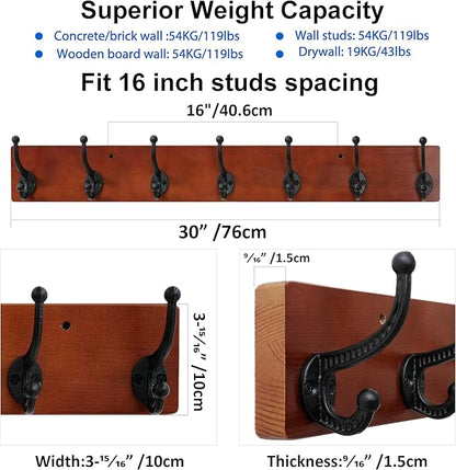 WEBI Rustic Coat Rack Wall Mount,30" Long 7 Cast Iron Coat Hooks Wall Mounted,Heavy Duty Wood Wall Coat Hanger Hooks for Hanging Coats,Jacket,Clothes,Backpack,Farmhouse,Cherry,2 Packs
