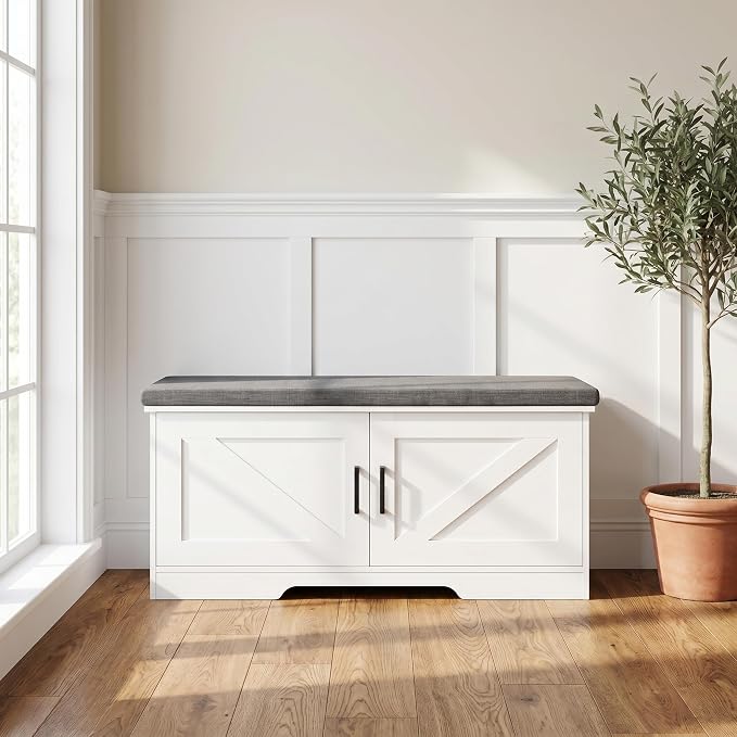 HOMSHO 2-Tier Storage Bench, 39.4" Wide Shoe Bench with Padded Seat Cushion, Entryway Bench with 2 Barn Doors and Adjustable Shelf, White