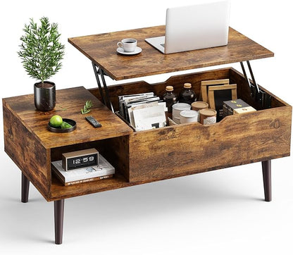OLIXIS Wood Coffee Table Lift Top Coffee Tables for Living Room Office, Small Rising Wooden Center Tables with Large Storage Shelf and Hidden Compartment, Rust Brown