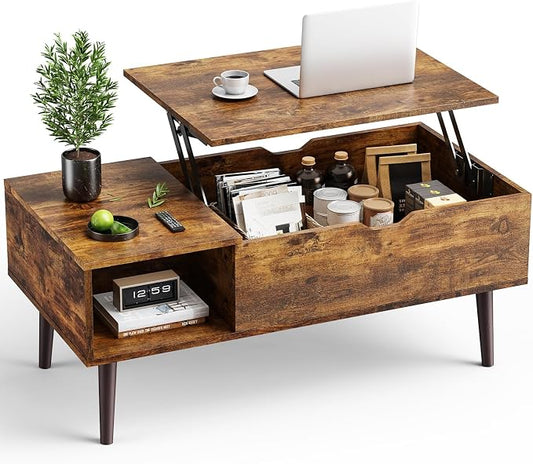 OLIXIS Wood Coffee Table Lift Top Coffee Tables for Living Room Office, Small Rising Wooden Center Tables with Large Storage Shelf and Hidden Compartment, Rust Brown