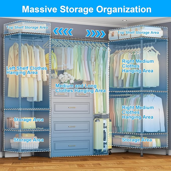 E10L L-Shaped Clothes Rack for Corner（With Expandable Hanger Rod）Heavy Duty Freestanding Clothing Racks for Hanging Clothes，Portable Garment Rack 58-82"W x 30"D x 72"H，Max Load 900LBS，Grey