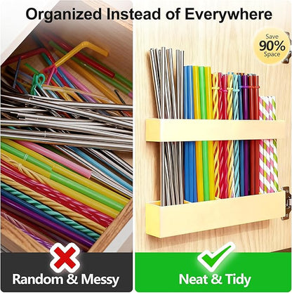 Straw Holder for Cabinet Door, 9.6” Adjustable Two-Part Large Acrylic Straws Organizer with Ultra Sticky Adhesive Strips, 2025 Reusable Straw Storage for Kitchen Cupboard (Milky Yellow)
