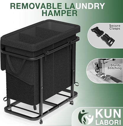 60 Gal(230L) Laundry Basket with Lid, Rolling Laundry Hamper with Wheels, Dirty Clothes Hamper with Metal Frame and Removable Bag Design, Suitable for Laundry Room, Bedroom (Black, 3 Section 230L)