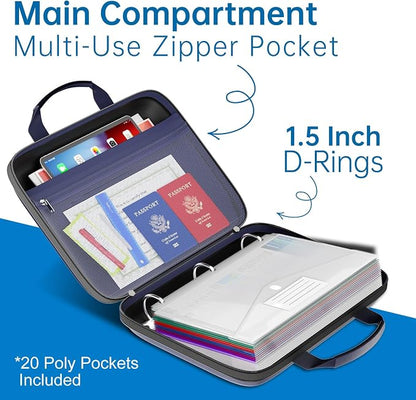 Binder Folders Organizer with 20 Pack Heavyweight Plastic Pockets,Fireproof File Folder Box with Lock,Zipper Binder Bag for Important Documents,Letter Size,Blue