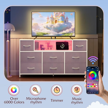 WLIVE Purple Dresser TV Stand for 45, 50, 55 inch TV, Entertainment Center with LED Lights & Charging Station, Chest of Drawers with 8 Fabric Drawers and Open Shelves for Living Room, Hallway