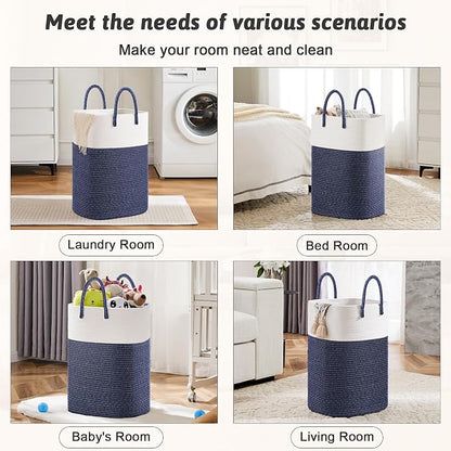 Laundry Basket,Woven Cotton Rope Laundry Hamper,Versatile Storage for Dirty Clothes,Baby Toys,and Blankets in Bathroom, Nursery,and Living Room (Blue, 60L)