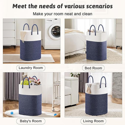 Laundry Basket,Woven Cotton Rope Laundry Hamper,Versatile Storage for Dirty Clothes,Baby Toys,and Blankets in Bathroom, Nursery,and Living Room (Blue, 60L)