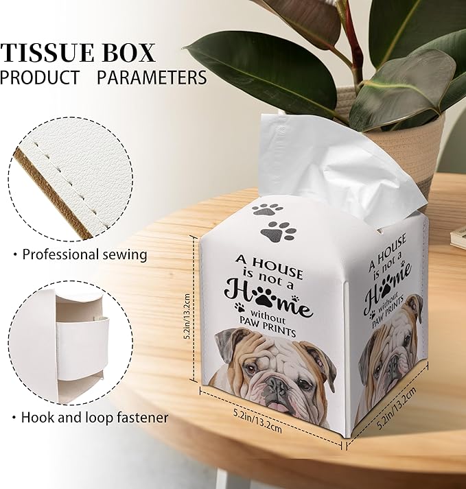 Grace Yonks Cute Bulldog Tissue Box Cover Square, Bulldog Dog Cube Case for Facial Tissues, 5.2" PU Leather(030)