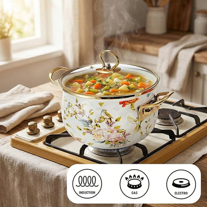 SOUJOY 2.8 Quart Enamel Stockpot with Glass Lid, Vintage Floral Soup Pot, Non-Stick Bean Stew Simmer Pot with Handle for Kitchen, Induction & Gas Stove Safe, Mother's Day, Wedding, Christmas Gift