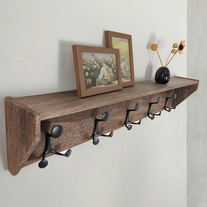 SKOLOO Wall Shelf with Hooks, 35-Inch Weathered Brown Wall Mounted Coat Rack with Shelf Organizer - Lightweight & Sturdy, 5 Tri Hooks - Perfect for Entryway, Hallway, Living Room, Bedroom, Mudroom
