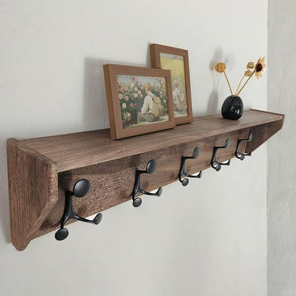 SKOLOO Wall Shelf with Hooks, 35-Inch Weathered Brown Wall Mounted Coat Rack with Shelf Organizer - Lightweight & Sturdy, 5 Tri Hooks - Perfect for Entryway, Hallway, Living Room, Bedroom, Mudroom
