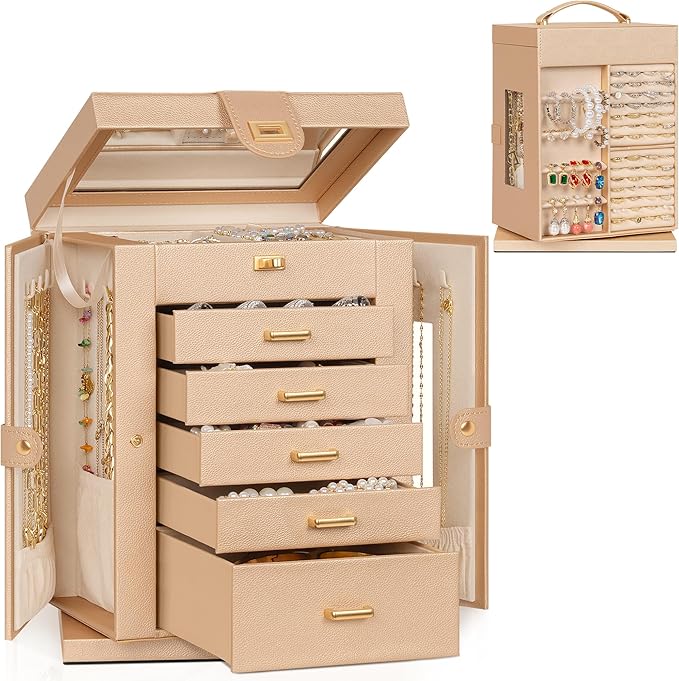 AKOZLIN Jewelry Box 6-Tier Organizer Functional 360° Rotating Jewelry Storage Case for Women Girls Ring Necklace Earring Bracelet Holder with Mirror