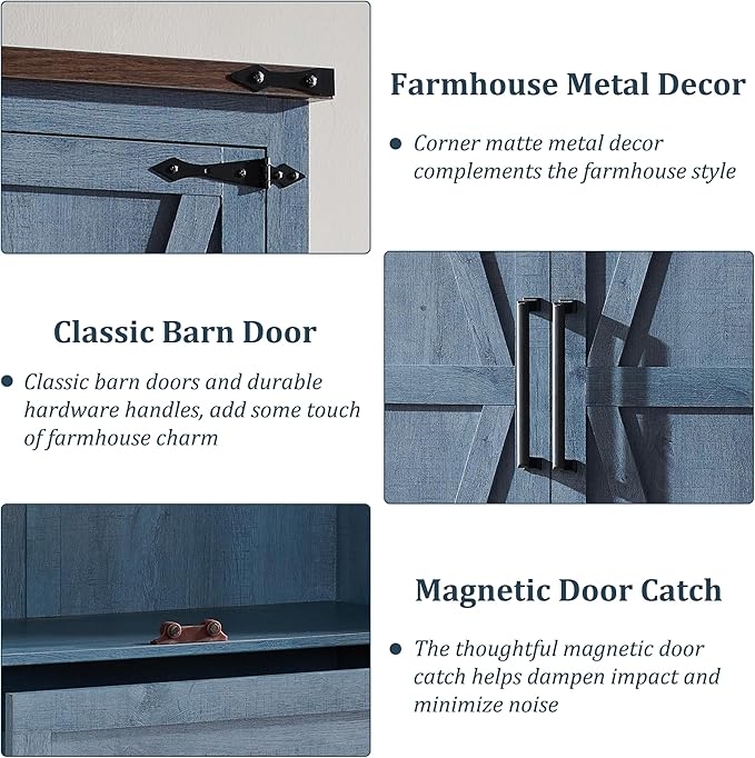 JXQTLINGMU Farmhouse Kitchen Pantry Cabinet - 72" Tall Wood Kitchen Storage Cabinets with Adjustable Shelves & 2 Barn Doors & Drawer, Versatile Storage for Dining Room, Bathroom, Rustic Blue