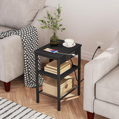 HOOBRO Side Table with Charging Station and USB Port, Small End Table for Small Space, 3-Tier Nightstand with Adjustable Shelf, for Living Room, Bedroom and Balcony, Black BB112BZ01