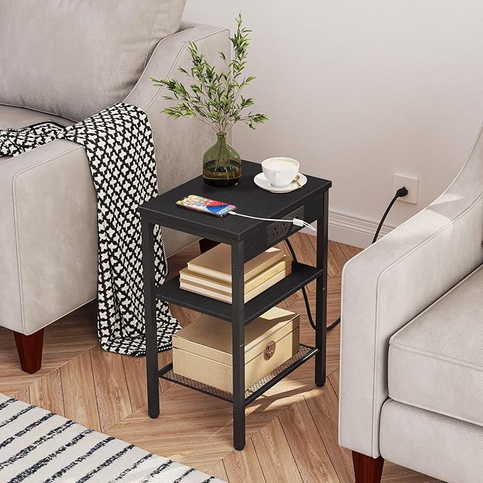 HOOBRO Side Tables Set of 2 with Charging Station and USB Port, Small End Tables for Small Space, 3-Tier Nightstands with Adjustable Shelf, for Living Room, Bedroom, Black BB112BZP201