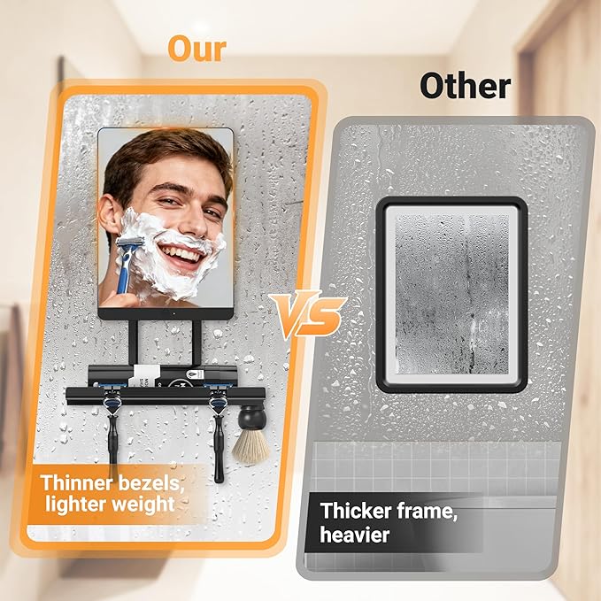 Heated Fogless Shower Mirror for Shaving, 5000mAh Long-Lasting Anti-Fog Shower Mirror with 360° Rotating Design & Razor Holder, Fog-Free Shaving Mirror for Men (Black)
