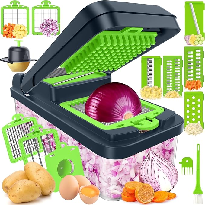 SpaceHacks 12-in-1 Vegetable Chopper, Kitchen Gadgets with 7 Blades, Veggie, Food, Onion Chopper, Cucumber Slicer, Versatile Mandoline, Includes Egg Separator & Finger Guard, Green