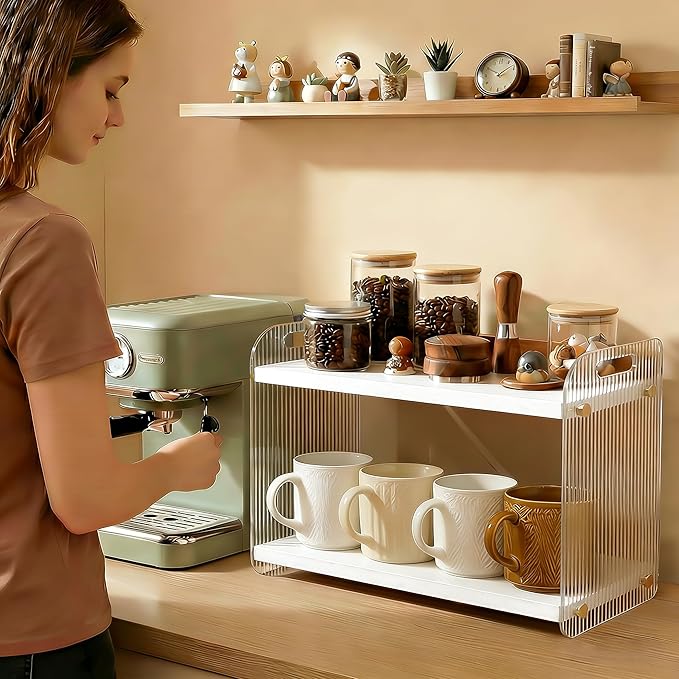 2 Tier Coffee Station Organizer - Acrylic & Pine Wood coffee bar shelf, Easy-to-Clean matcha station for Kitchen Countertops, for Placing Mugs, Coffee Beans, Syrup etc.(15.75" x6.18" x 9.37") - White