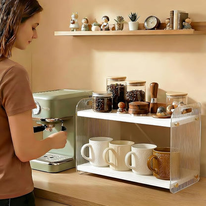 2 Tier Coffee Station Organizer - Acrylic & Pine Wood coffee bar shelf, Easy-to-Clean matcha station for Kitchen Countertops, for Placing Mugs, Coffee Beans, Syrup etc.(15.75" x6.18" x 9.37") - White
