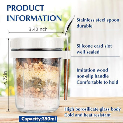PFUM Overnight Oats Jars with Spoon and Lid 16 oz [2 Pack], Airtight Oatmeal Container with Measurement Marks, Mason Jars with Lid for Cereal On The Go Container (2pcs white)