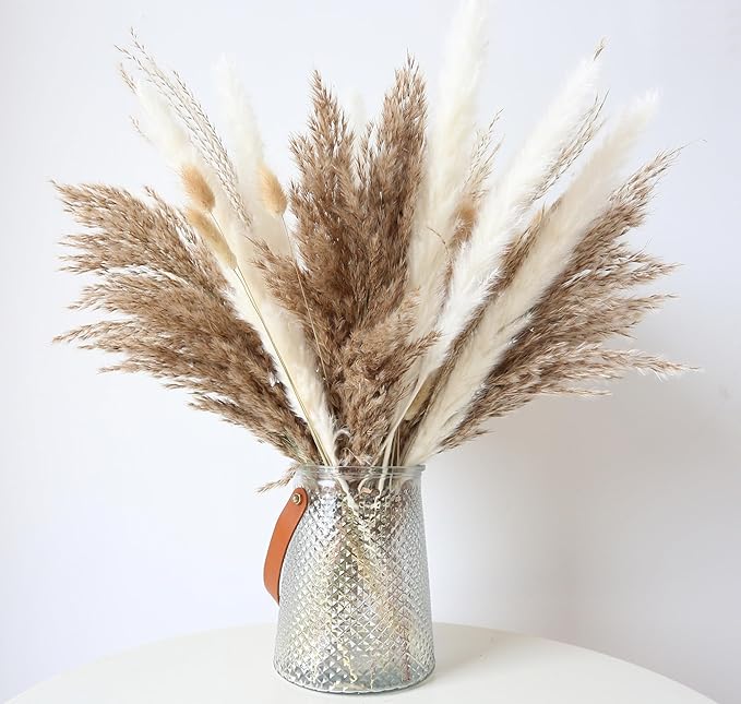 100 Stems Dried Pampas Grass, Boho Table Decor Natural Reed Phragmites Grass, Fluffy Large Pampas Grass, Bunny Tails Flowers Bouquet for Wedding Floral Arrangements Farmhouse Home, Wall Rustic Party