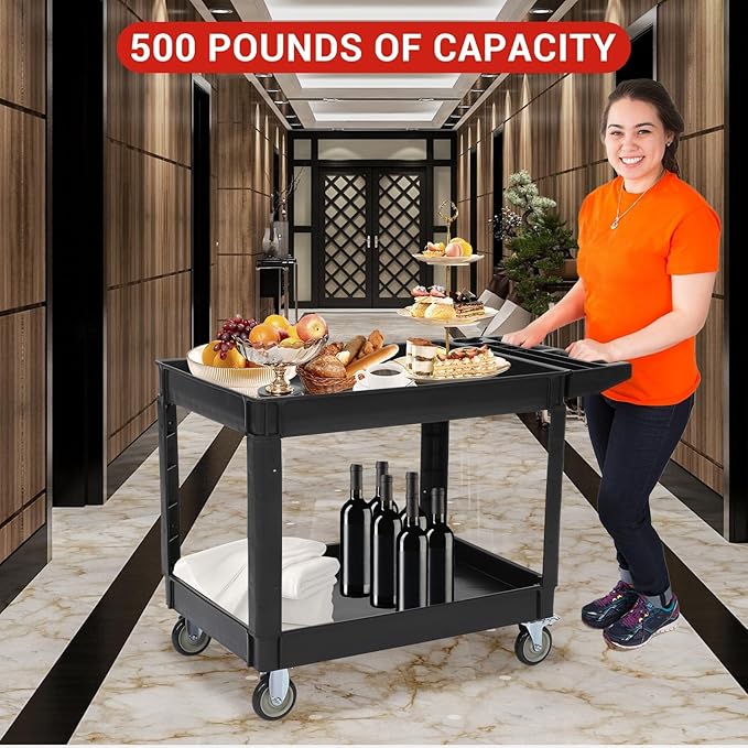 2-Shelf Foldable Utility Cart, 45"X25" Rolling Service Cart with 500LB Capacity, Heavy-Duty Storage Cart with Wheels for Warehouse, Garage, Home Use,Black