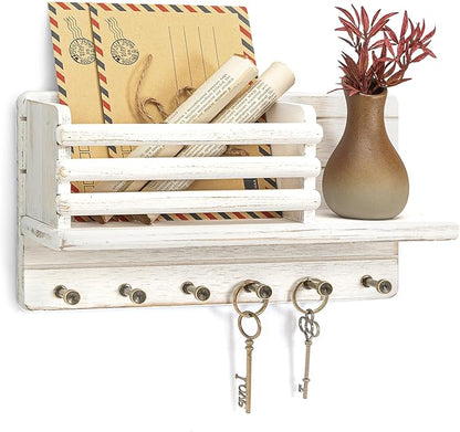 Rebee Vision Farmhouse Pine Wood Key Holder Wall Mount - Key Holder for Wall with Wooden Floating Shelf & 6 Sturdy Hooks - Storage Mail Holder for Home Decor (Whitewash)