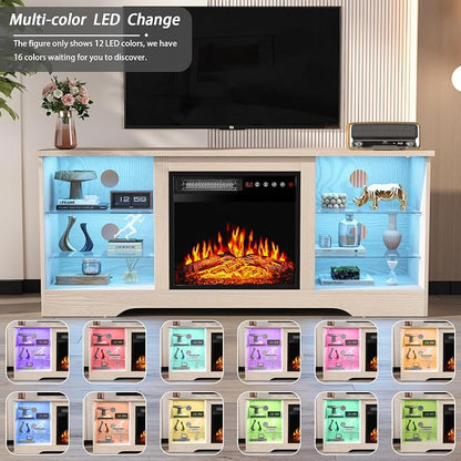 PRETZI Fireplace TV Stand with 18" Fireplace Up to 65" TVs, 58" Entertainment Center with LED Lights, TV Media Console with Adjustable Glass Shelves and Storage Cabinets for Living Room, Beige