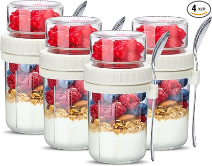 Danmu 4 Pack Overnight Oats Containers with Lids 21 oz (16+5),Dual-Layer Yogurt Parfait Cups with Lids,Meal Prep Containers Glass for Snack,Overnight Oats,Yogurt,Parfait,Salad Dishwasher Safe
