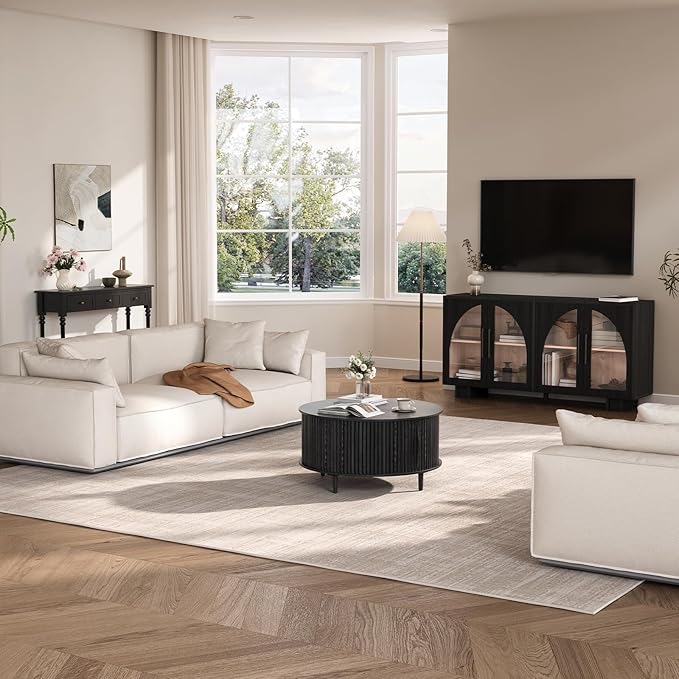 SULIVES Round Coffee Table with Storage,Mid Century Modern Coffee Table with Sliding Door,Fluted Center Table with Solid Wood Legs,Small Coffee Table for Living Room,Black