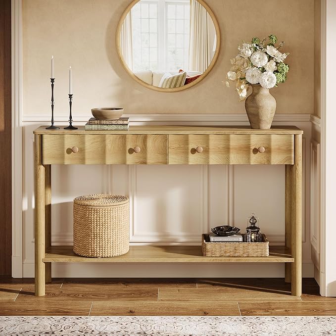 Tribesigns Console Table with 2 Drawers, 55-Inch Fluted Entryway Table, Modern Narrow Sofa Table with Open Shelf, Accent Console Furniture for Living Room, Hallway, Foyer, Light Oak