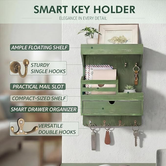 Rebee Vision Pine Wood Key Holder Wall Mount with Small Drawer Organizer - Farmhouse Key Holder for Wall with 6 Sturdy Hooks & Floating Shelf - Perfect for Room Decor (Green)