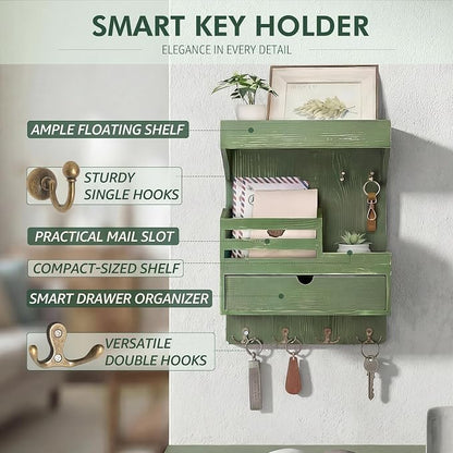Rebee Vision Pine Wood Key Holder Wall Mount with Small Drawer Organizer - Farmhouse Key Holder for Wall with 6 Sturdy Hooks & Floating Shelf - Perfect for Room Decor (Green)