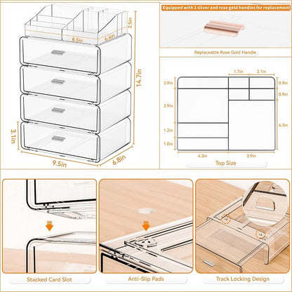 Yieach 5 Tier Clear Acrylic Makeup Organizers with Drawers,Tiered Countertop Make up Storage Organizer for Dresser Top and Bathroom Vanity,Plastic Makeup Stand for Brush,Skincare,Beauty Organizers