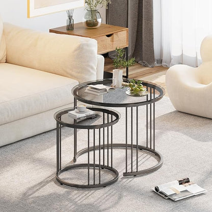 Garden 4 you Nesting Coffee Table, 23.6" Round Coffee Table Set of 2, Glass Nesting Table with Metal Frame, Ceter Tables for Living Room Bedroom Balcony, Grey