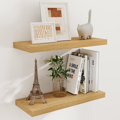 Fun Memories Floating Shelves 24 Inch Long, 9.3 Inch Deep Floating Shelf for Lving Room, Bedoom, Kitchen, Deep Wall Shelves for Bathroom, 2 Pack Storage Display Shelf for Books, Decors, Oak