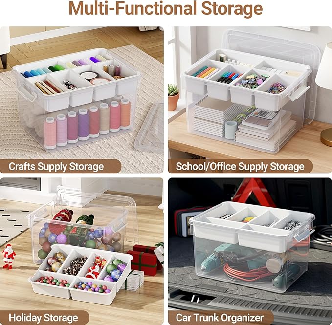 HOMETUK 80Qt Large Stackable Storage Bins with Lids & Trays, Clear Plastic Latching Boxes Organizers with Dividers Portable 20Gal Containers for Arts & Crafts, Home and Car Trunk Organization, 2Pack