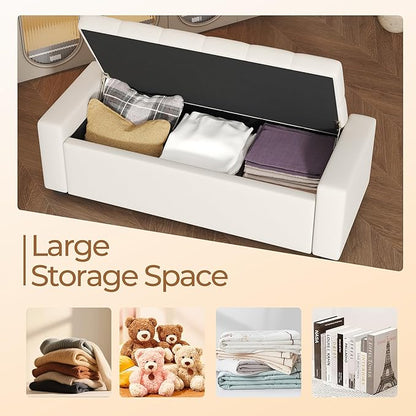 Storage Ottoman Bench with Tray,47" Ottoman with Storage for Living Room, Rectangular Bench with Cushion and Safety Hinge for Bedroom,Holds up to 400 lb,Beige