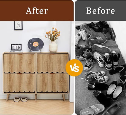 ORRD Shoe Storage Cabinet for Entryway with 4 Flip Drawers, Freestanding Narrow Wood Shoe Cabinet with Wave Panel, Hidden Shoe Organizer for Foyer, Hallway (Natural)